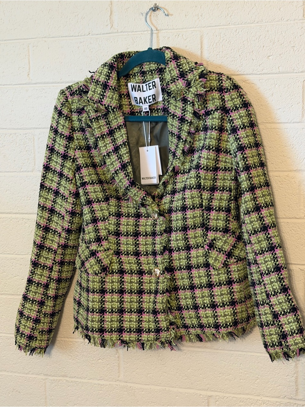 Walter Baker Lime Green Plaid Tweed Blazer with Fringe Trim